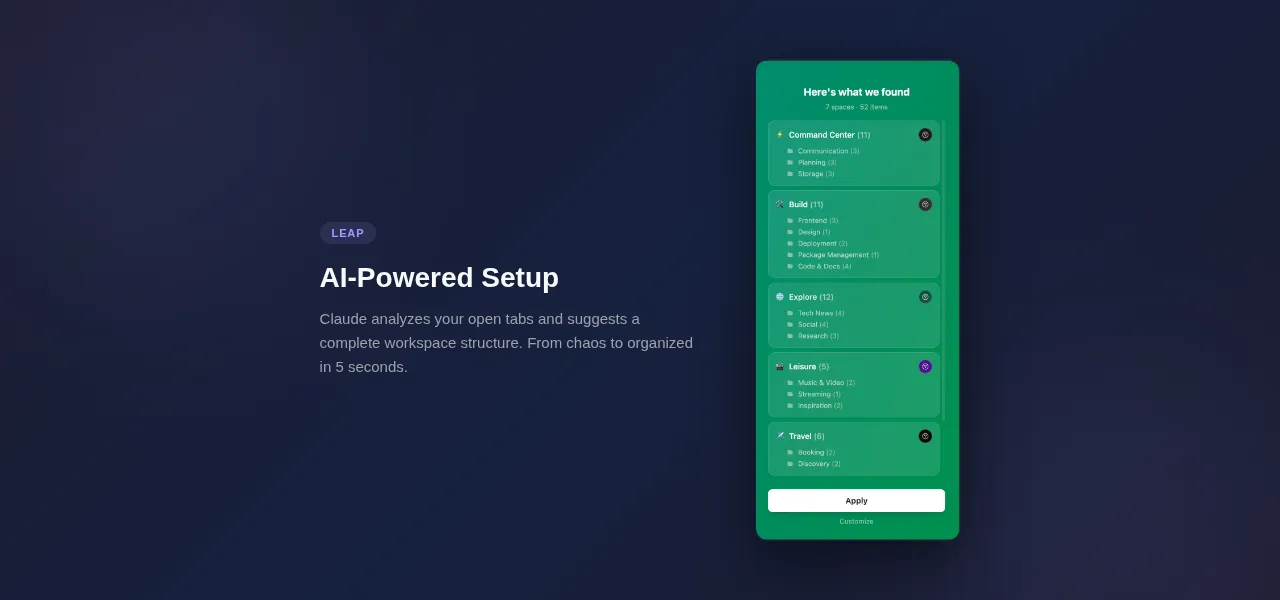 Leap AI-powered tab organizer — onboarding suggests workspaces from existing Chrome tabs and bookmarks