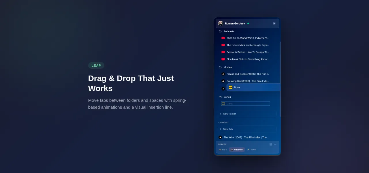 Leap Chrome extension — drag-and-drop tab organization with nested folders and spaces