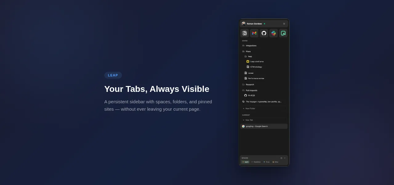 Best tab managers for Chrome in 2026 — Leap sidebar with vertical tabs organized into color-coded spaces