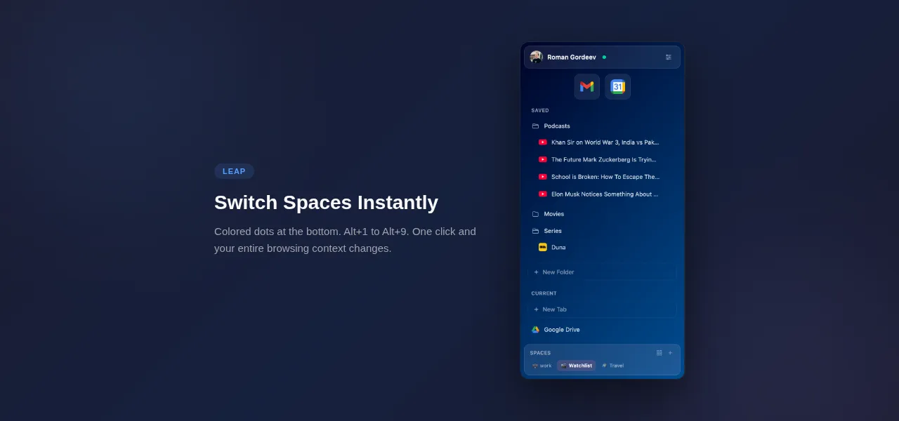 Leap workspace spaces — color-coded tab groups for Chrome compared to traditional tab managers