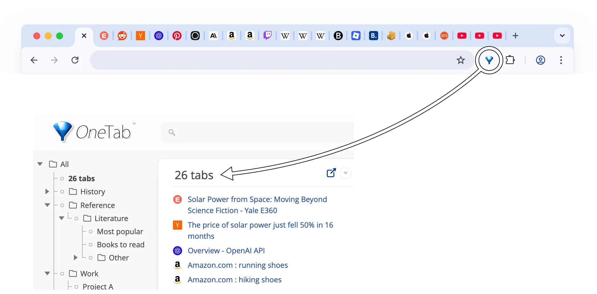 OneTab Chrome tab manager interface — saved tabs collapsed into a list with tree folder structure