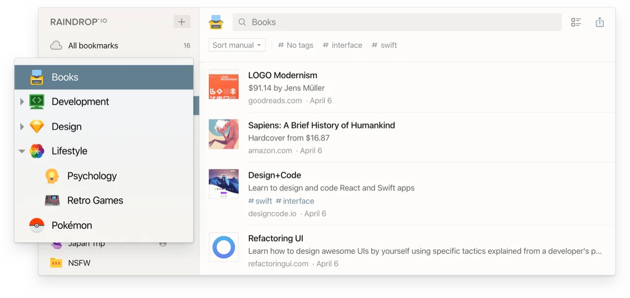 Raindrop.io Chrome bookmark manager — collections sidebar with categorized bookmarks and tags