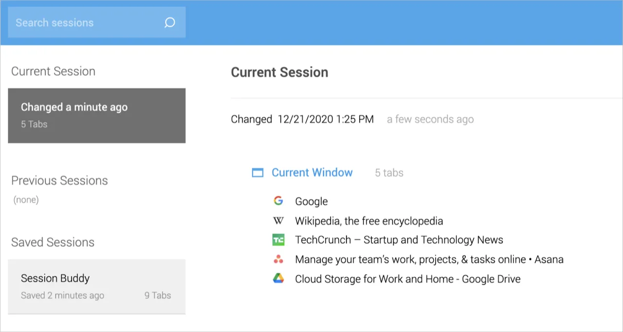 Session Buddy Chrome extension — session manager interface showing current and saved browser sessions