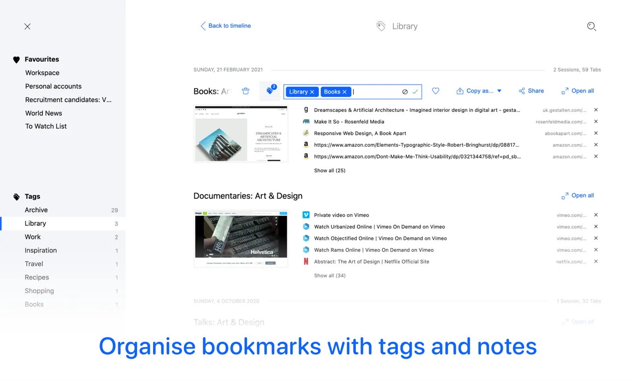 TABLERONE Chrome tab manager — library view with tags, notes, and visual bookmark organization