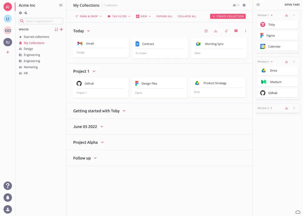Toby Chrome tab manager — new tab page with collections organized by spaces and drag-and-drop