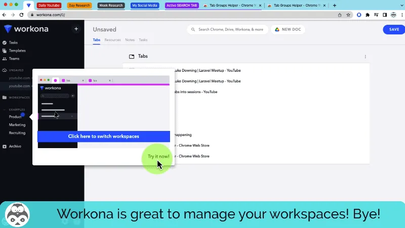 Workona Chrome workspace manager — tab organizer interface with workspaces and project switching
