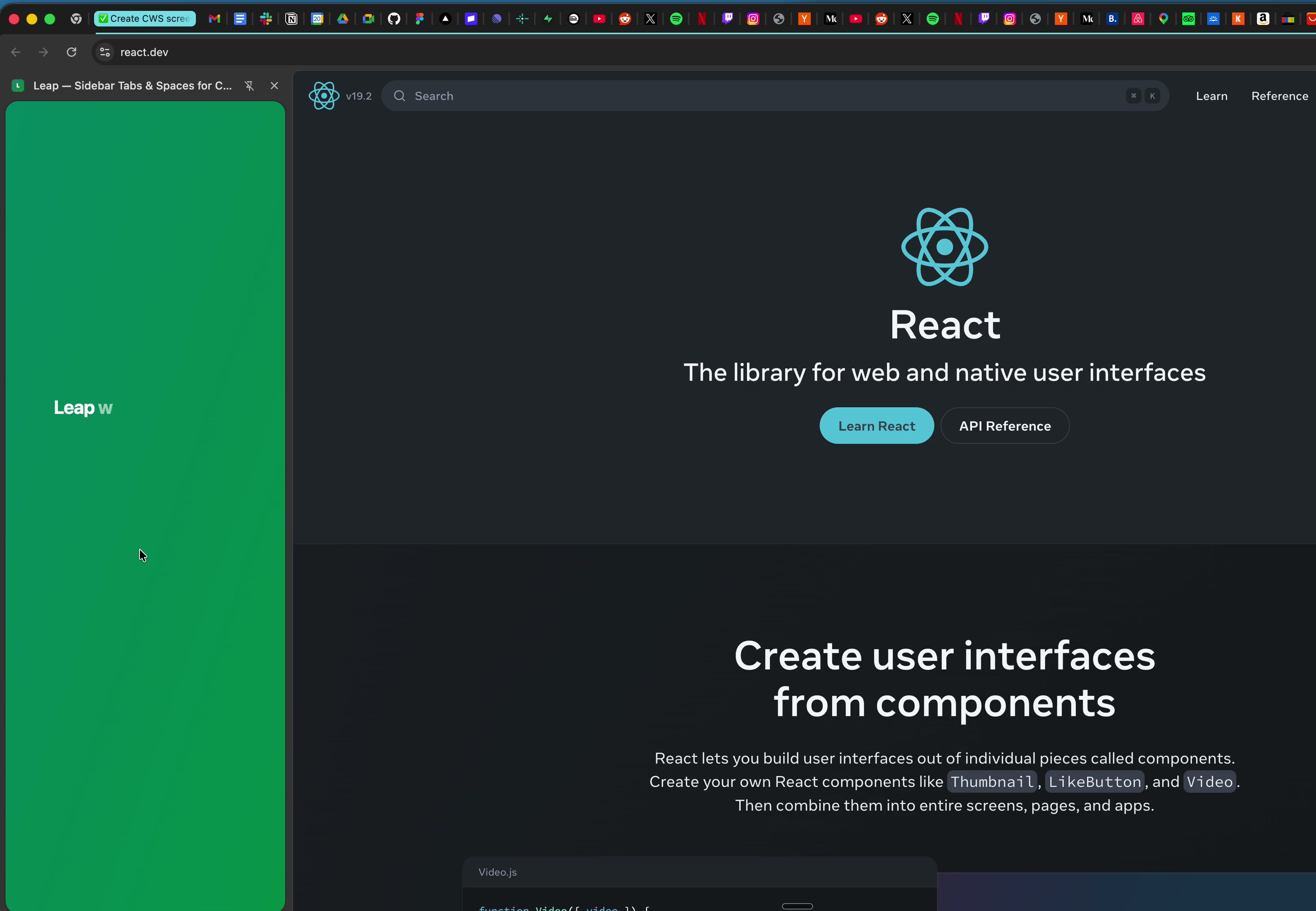 Leap AI tab organizer grouping dozens of Chrome tabs into folders by topic