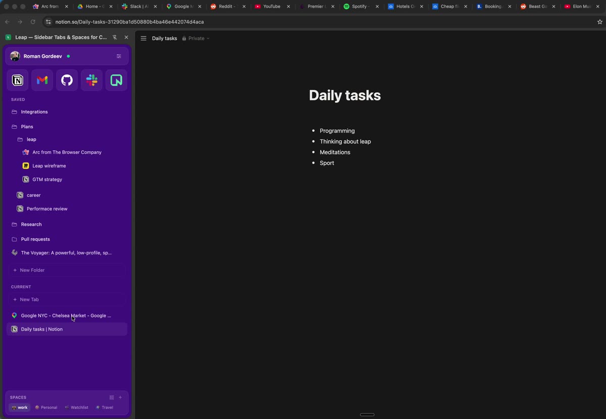 Three color-coded Leap Spaces — Work, Personal, Side Project — in the Chrome sidebar