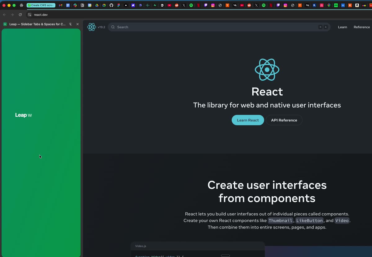 Leap AI tab organizer grouping dozens of Chrome tabs into folders by topic