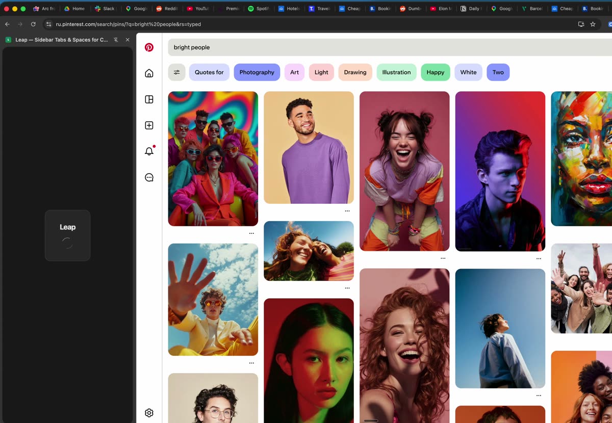 Leap running in Chrome — Arc-style vertical sidebar with three Spaces and pinned tabs